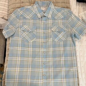 Warp + Weft Sky Blue Plaid Button Down Shirt